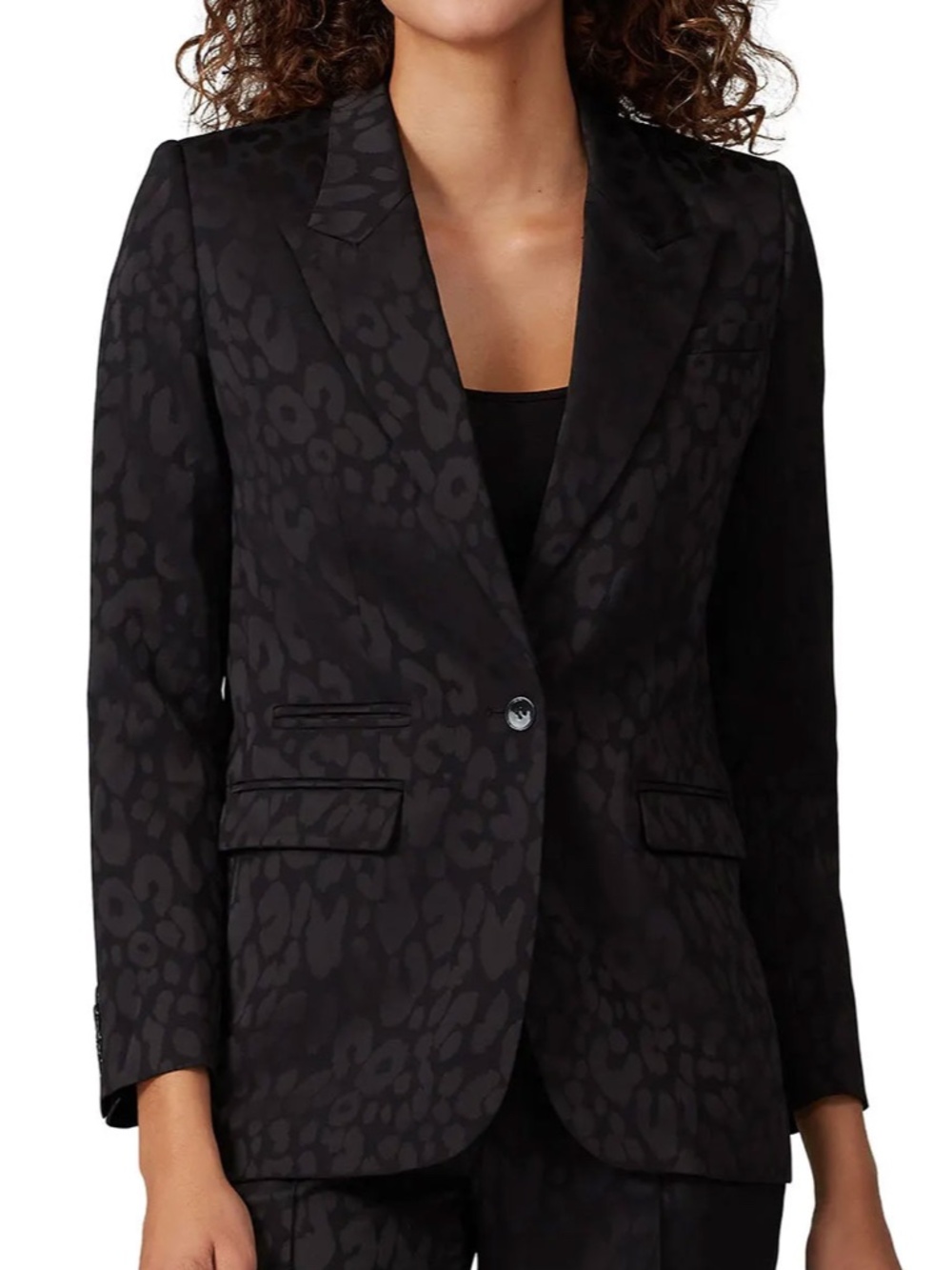 Kooples Veste Blazer, Black Leopard Print, One Button, size 2-4 (EU 34)